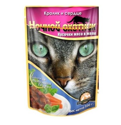 Ночной охотник консервы для кошек кролик и сердце в желе пауч 100 гр.